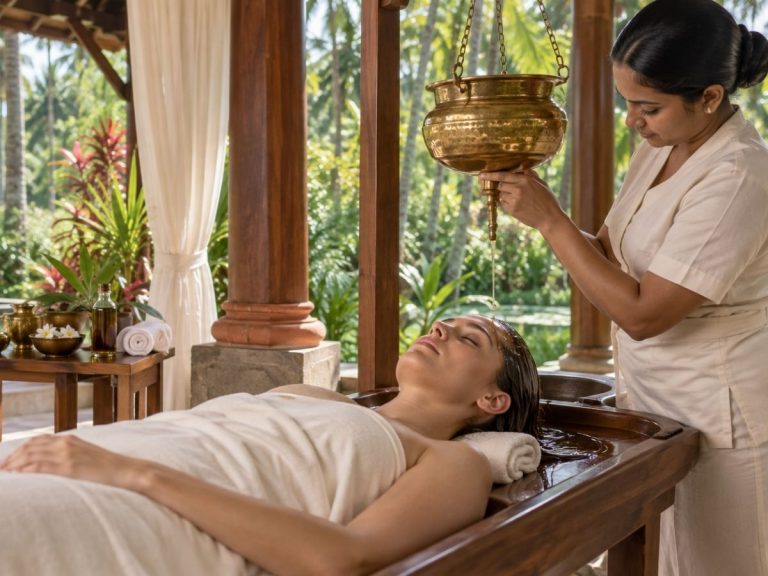 Therapist attending to a guest during an Ayurvedic treatment in a tropical pavilion