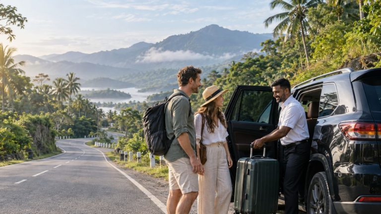 Professional chauffeur welcoming travellers beside a private vehicle on a scenic tropical road in Sri Lanka, surrounded by lush greenery and distant hills.