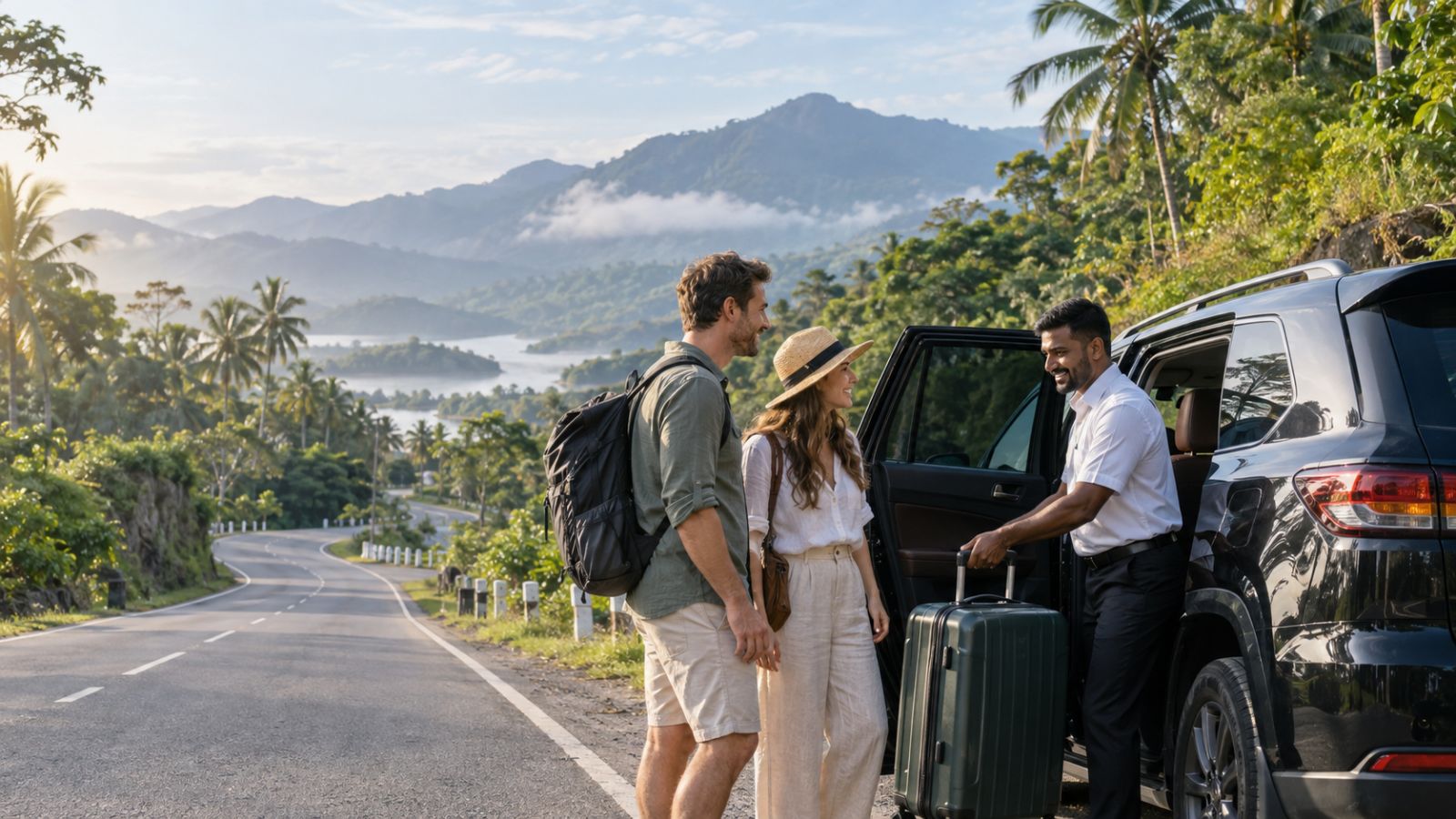 Professional chauffeur welcoming travellers beside a private vehicle on a scenic tropical road in Sri Lanka, surrounded by lush greenery and distant hills.