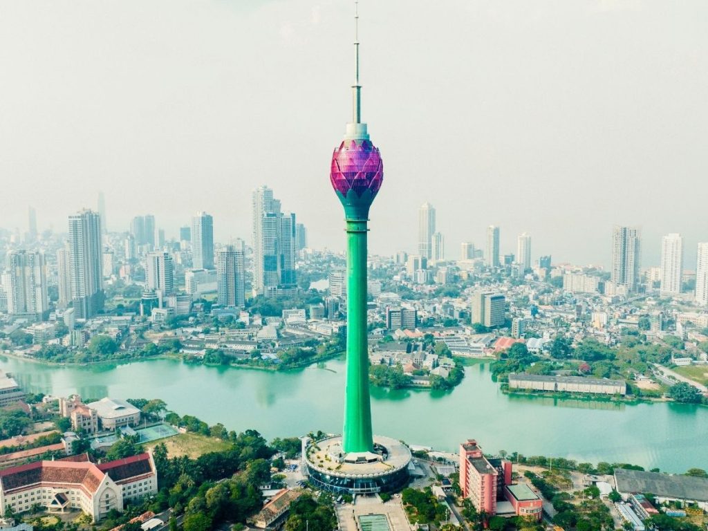 Colombo skyline with the Lotus Tower and Beira Lake in Sri Lanka