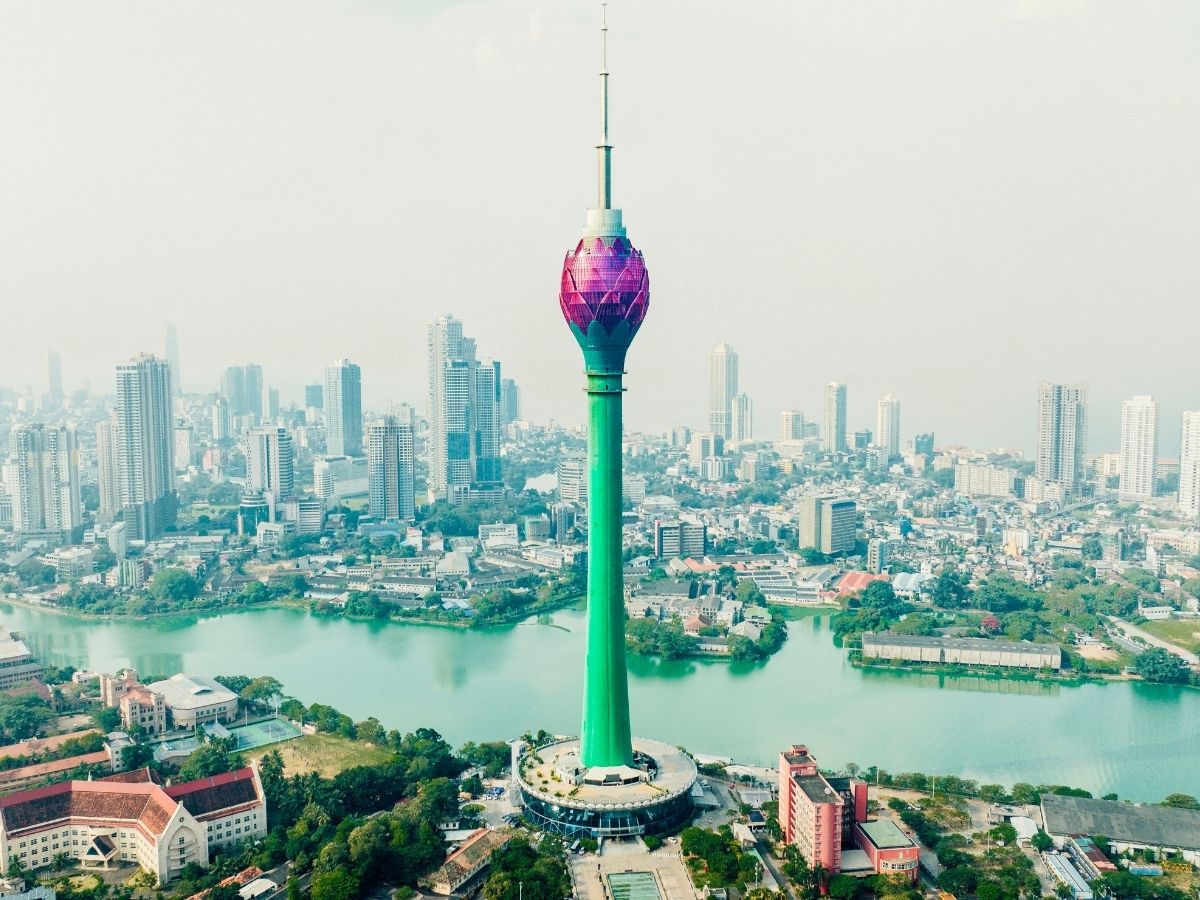Aerial view of the Lotus Tower and Colombo skyline in Sri Lanka