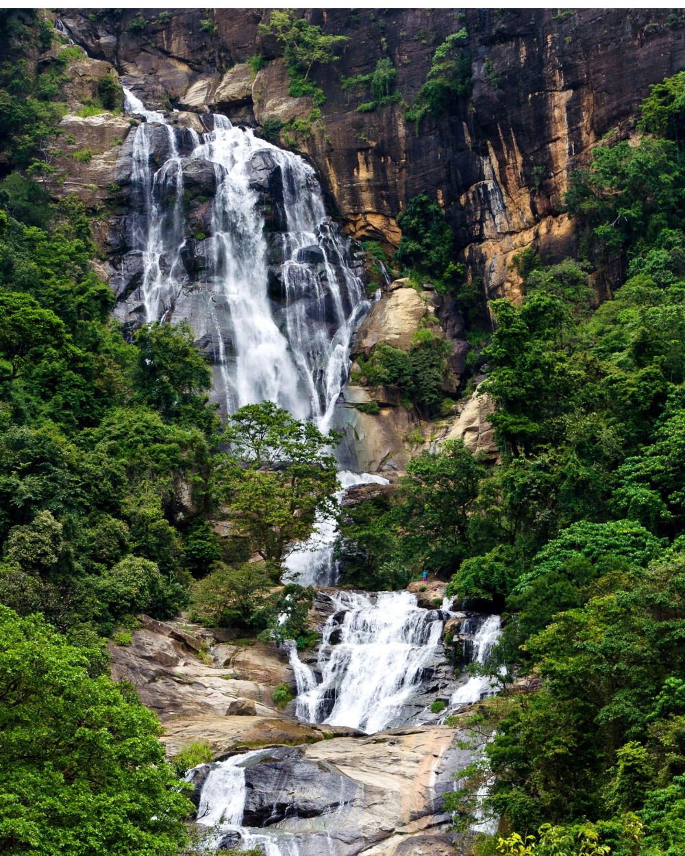 Waterfall surrounded by lush greenery in Sri Lanka’s hill country