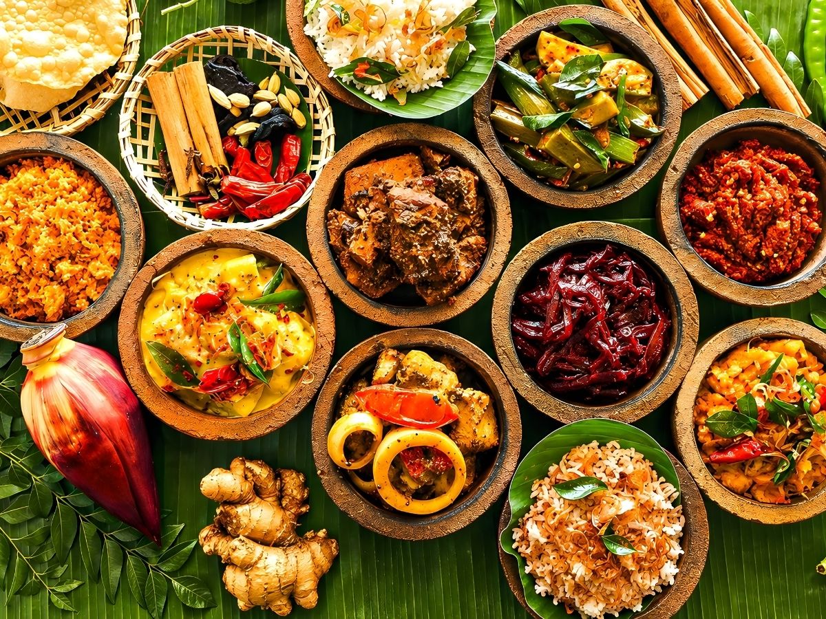 Traditional Sri Lankan dishes arranged on banana leaves.