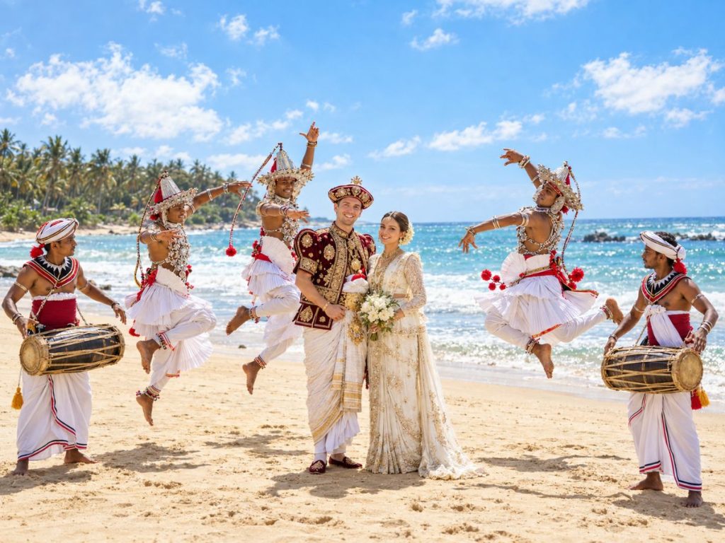 Bride and groom in traditional Sri Lankan wedding attire on a beach, surrounded by dancers and drummers.
